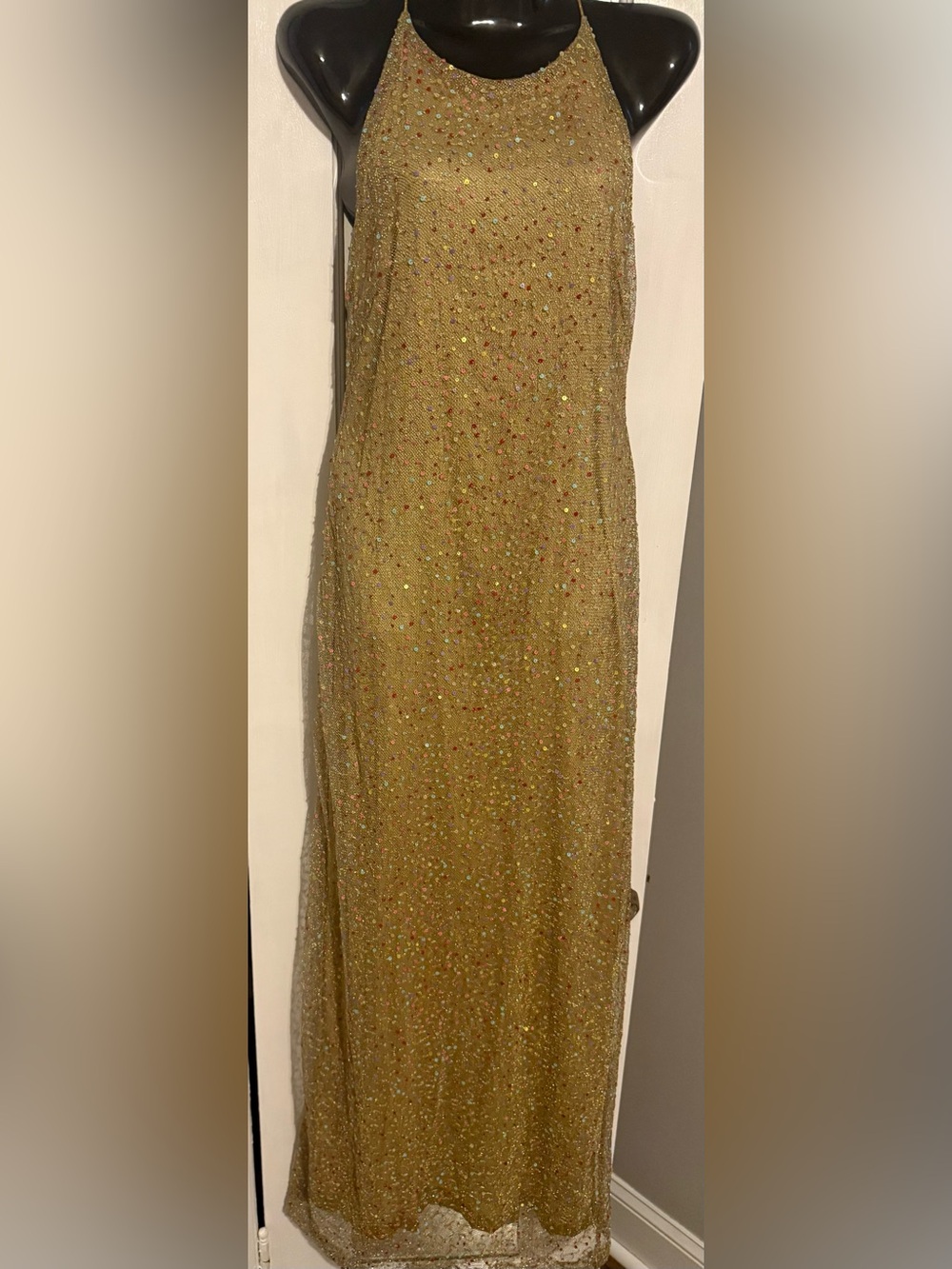 Nicole Miller Collection Gold Metallic Sequin Cross Back Halter Maxi Gown NWT M